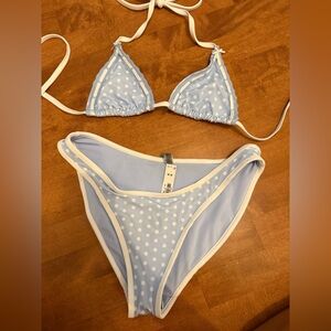Pink X Frankie’s Bikinis Blue and White Polka Dot Bikini